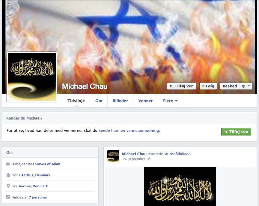 Michal Chau havde tidligere Israels flag i brand på Facebook - med den ene hånd vil han knuse Israel, med den anden kæmper han deres krig. 