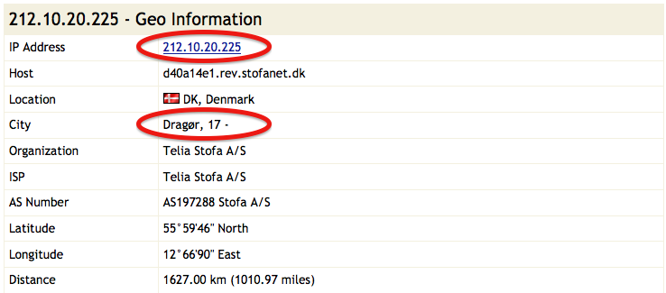 Et WHOIS-opslag på IP-adressen viser, at den har hjemsted i Dragør.