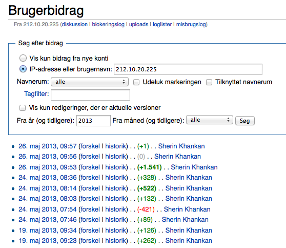 Brugerbidragssiden for IP-adressen på Wikipedia viser, at IP-adressen ikke har haft nogen anden aktivitet på Wikipedia end at redigere artiklen om Sherin Khankan.