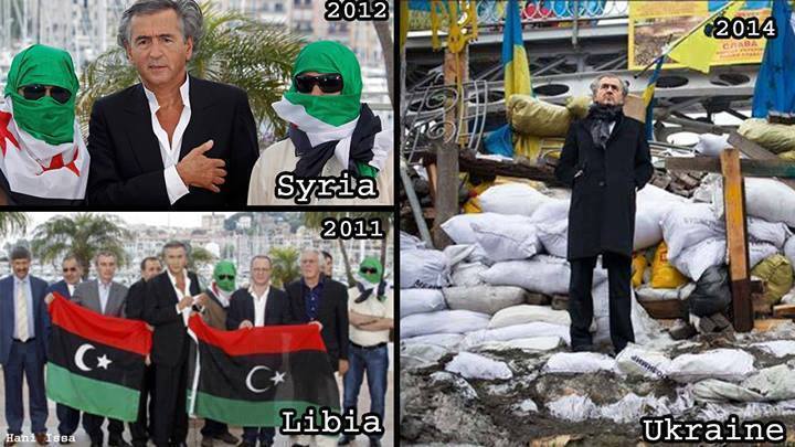 Den franske jøde og zionist Bernard-Henri Lévy overvåger de zionistiske 'revolutioner' i henholdsvis Libyen (n.tv.), Syrien (ø.tv.) og Ukraine (th.). 