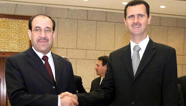 Iraks premierminister Nuri al-Maliki (tv.) med Syriens præsident Bashar al-Assad (th.). Irak og Syrien er naboer og vitale partnere, både økonomisk og sikkerhedsmæssigt.  