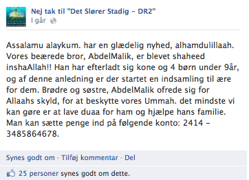 Abdul Malik hyldes nu glædeligt som martyr hos islamister i Danmark. 