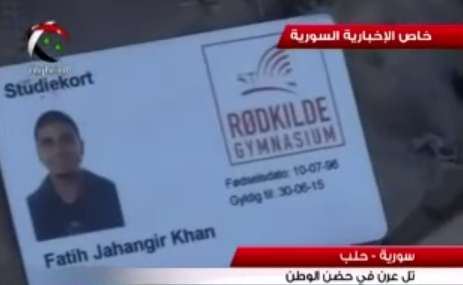 Fatih Khans studiekort fra Rødkilde Gymnasium i syrisk tv. 